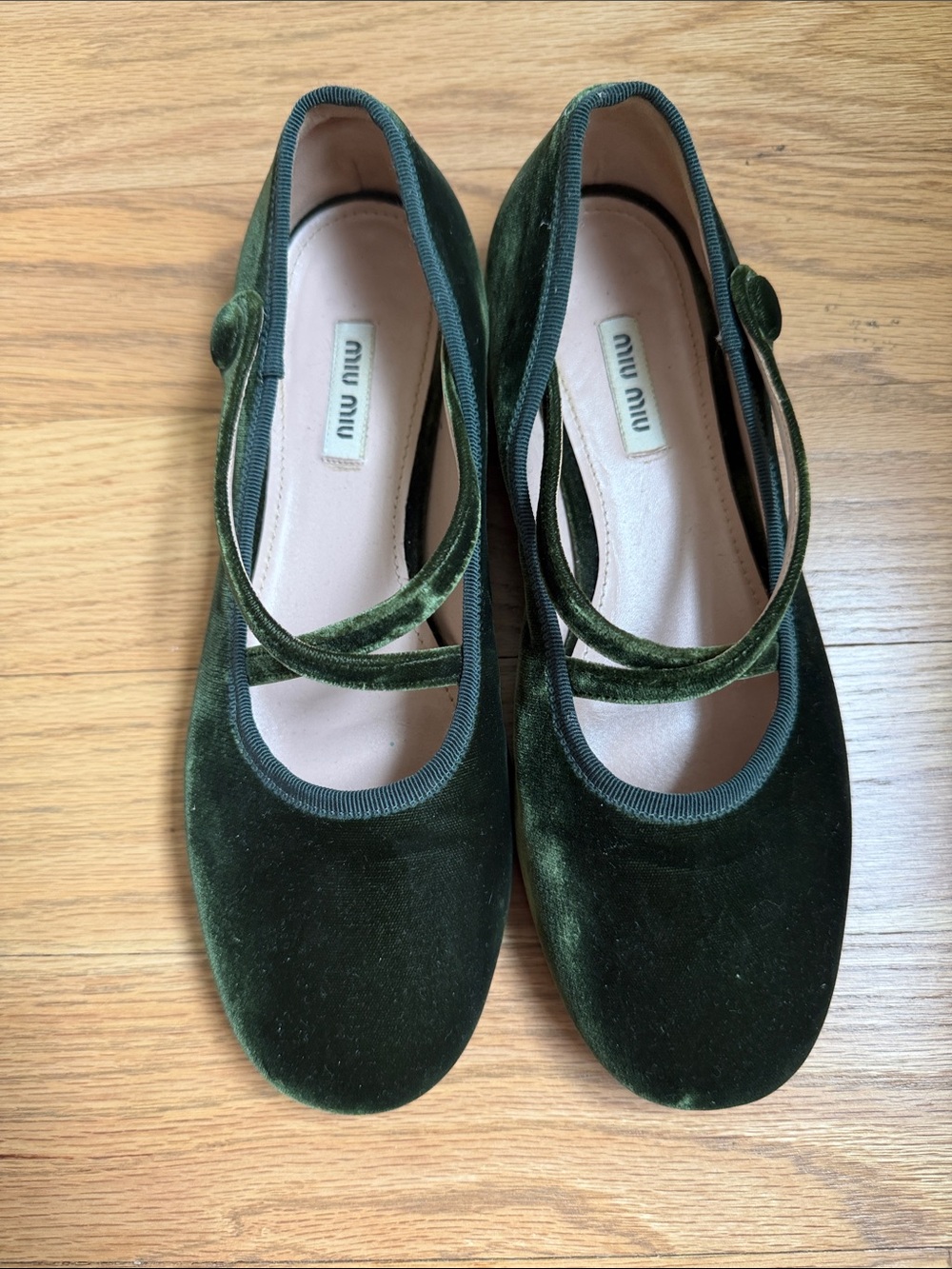 Miu Miu Dark Green Velvet Mary Jane Flats